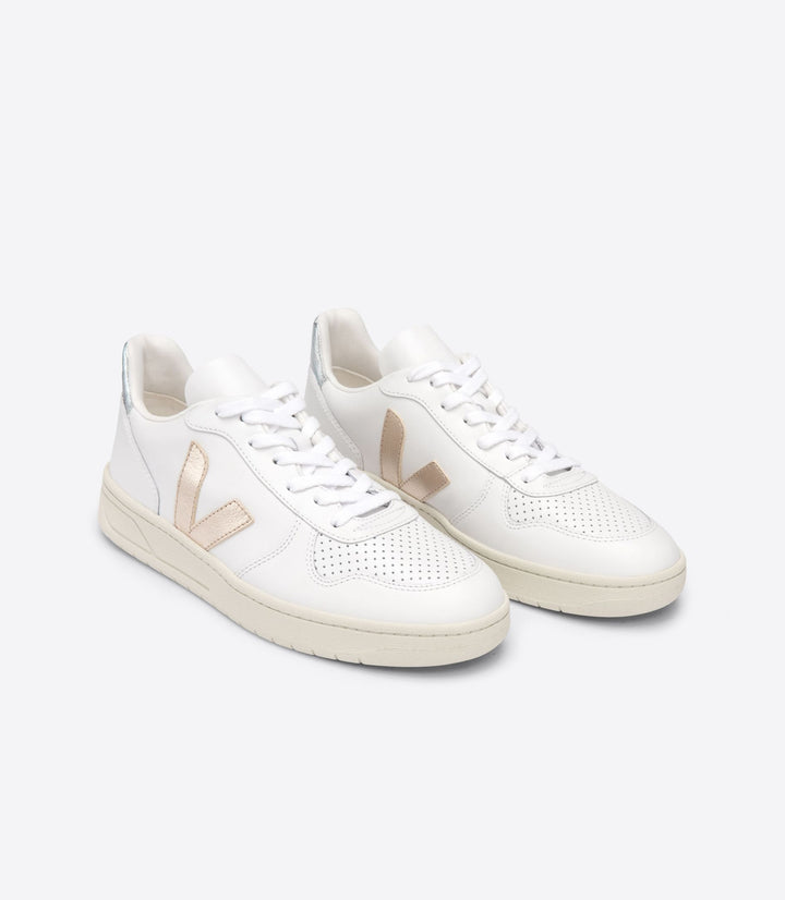 Veja - V-10 Leather Sneakers in Extra-White Platine Silver