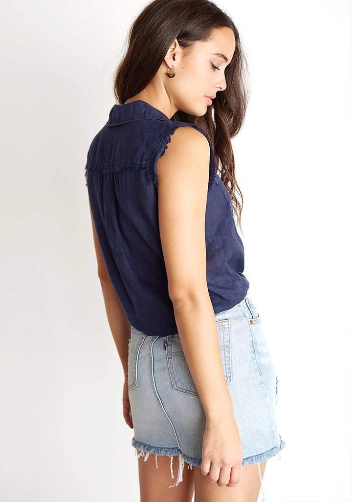 BELLA DAHL - Sleeveless Frayed Tie Up Button Down in Navy Night