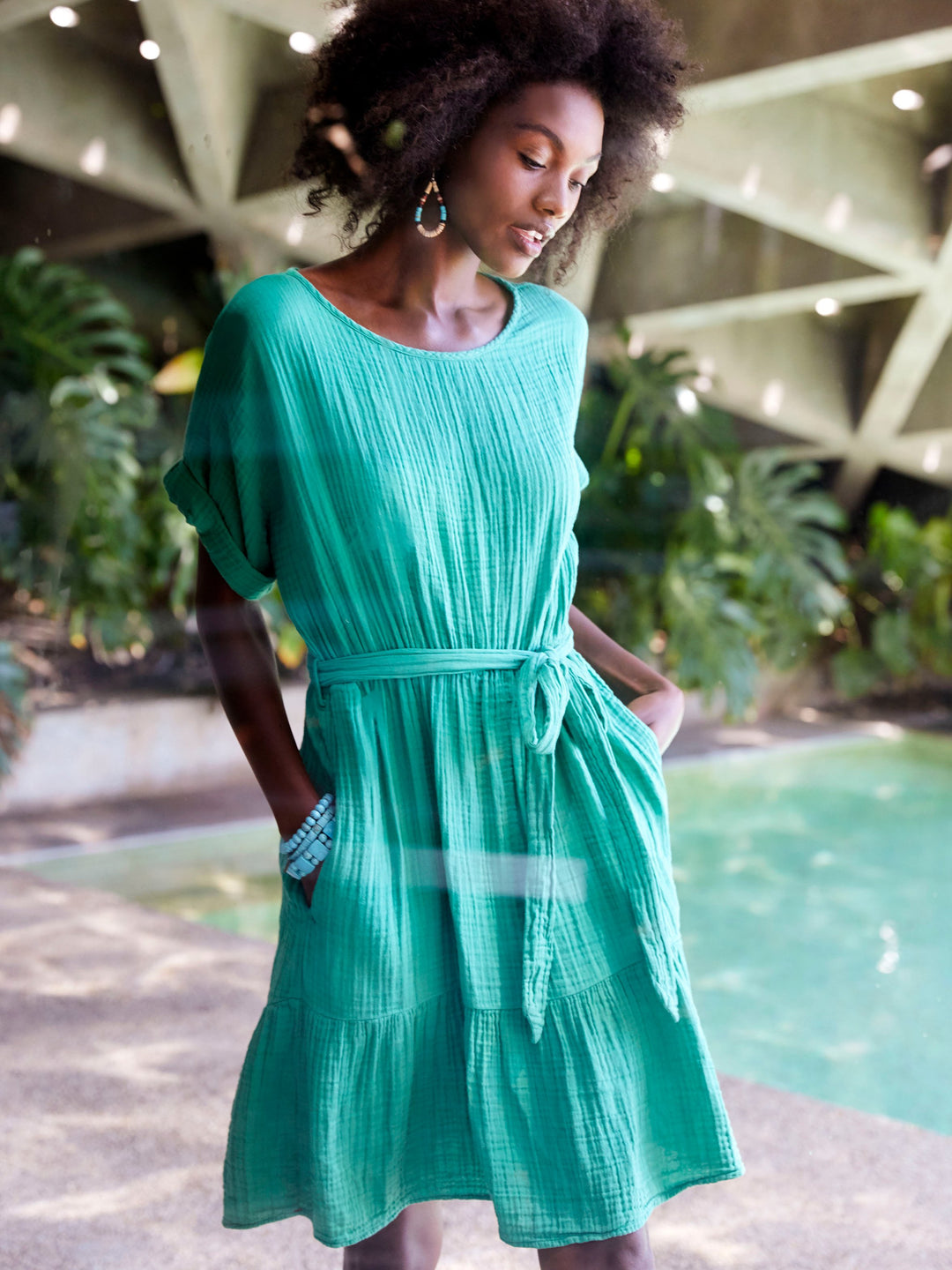 xirena dress green $347 Xirena Women's Green Faith Belted Long-Sleeve Cotton MIDI Dress Size XL