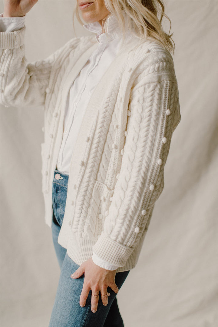 White + Warren - Sustainable Cotton Bobble Stitch Cardigan in White