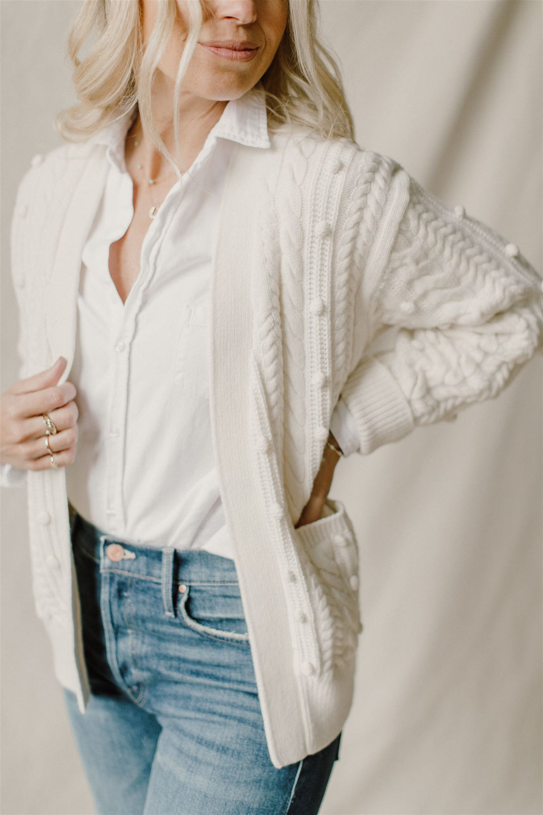 White + Warren - Sustainable Cotton Bobble Stitch Cardigan in White