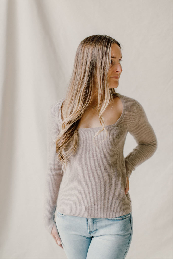 White + Warren - Cashmere Square Neck Sweater in Oak Heather