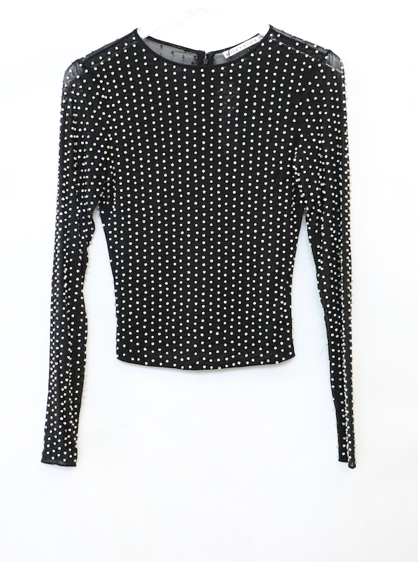 Alice + Olivia - Delaina Embroidered Long Sleeve Crewneck Top in Black/Multi