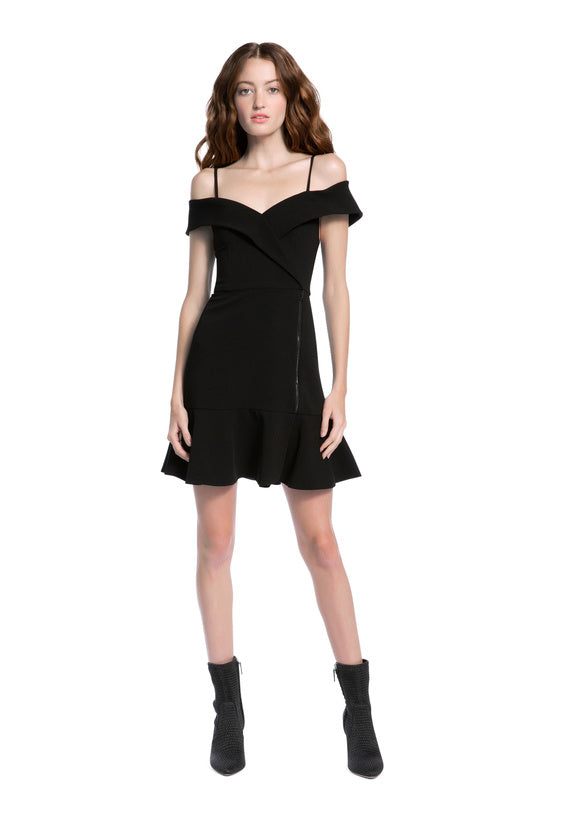 Dash Cold-Shoulder Faux-Wrap Flounce Dress in Black