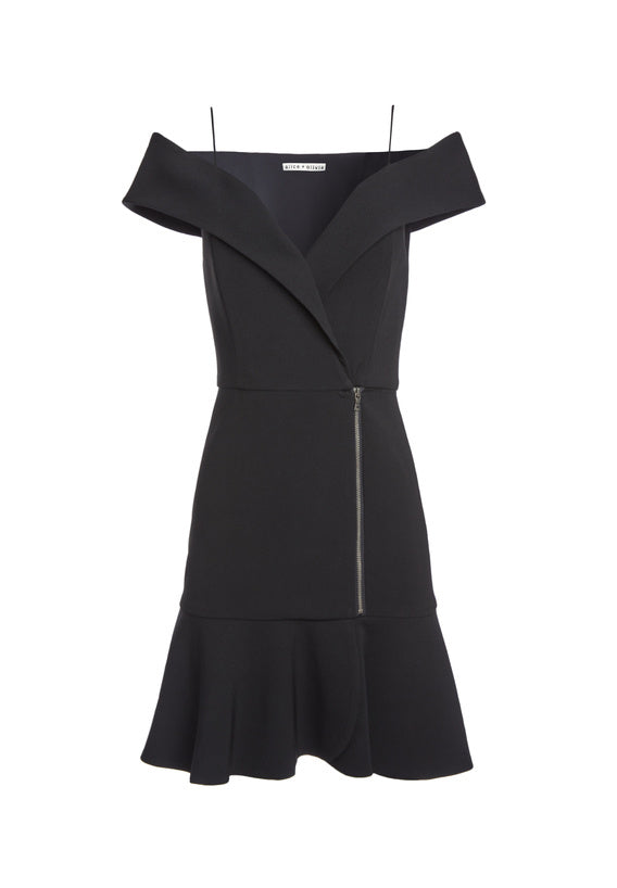 Dash Cold-Shoulder Faux-Wrap Flounce Dress in Black Blond Genius Dash Cold-Shoulder Faux-Wrap Flounce Dress in Black Blond Genius