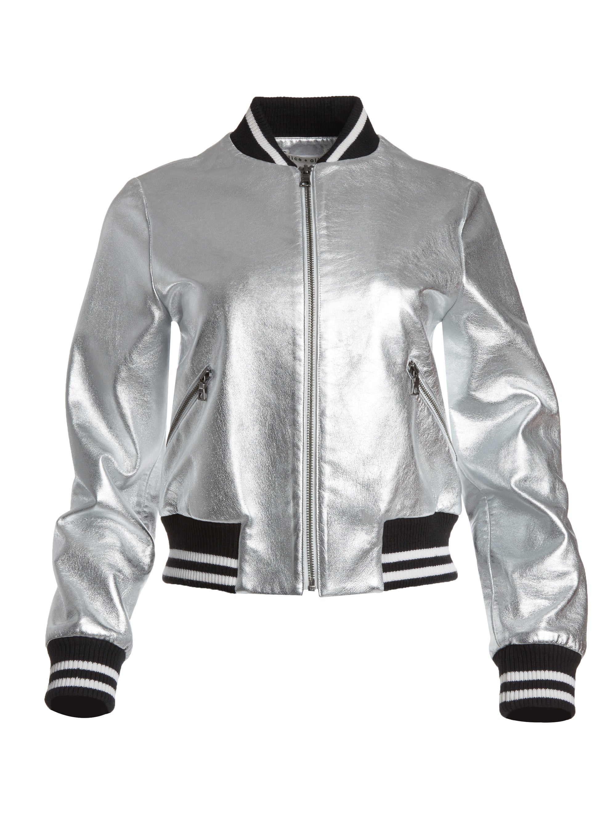 Alice Olivia Demia Leather Crop Bomber Jacket Blond Genius