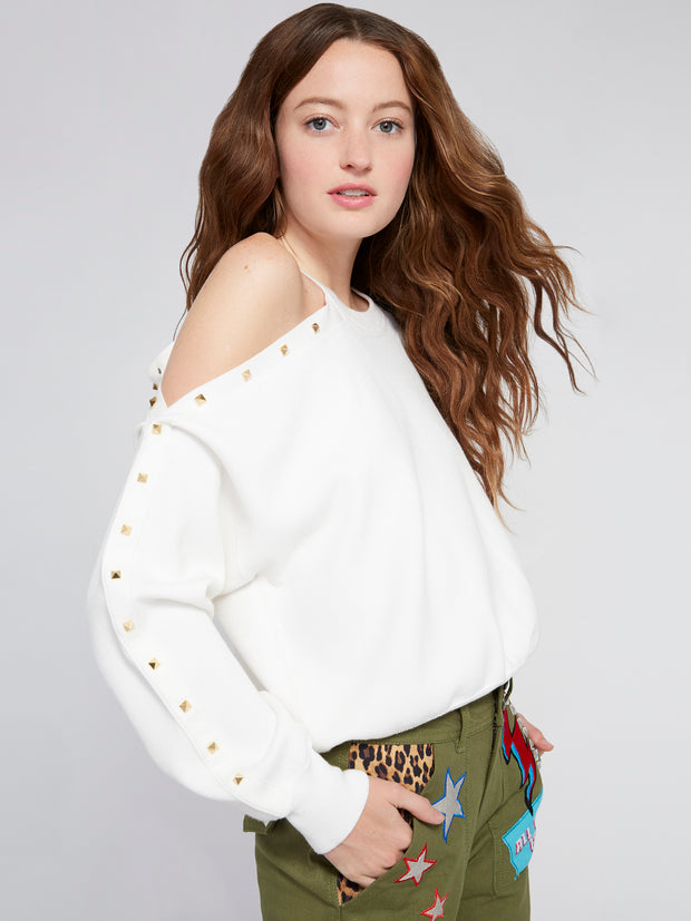 ALICE + OLIVIA - Michael Crewneck Pullover with Cut Shoulder Soft White/Gold