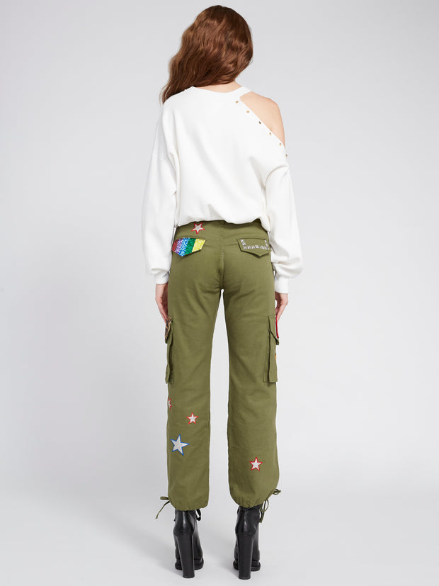 ALICE + OLIVIA - Michael Crewneck Pullover with Cut Shoulder Soft White/Gold