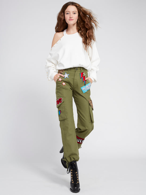 ALICE + OLIVIA - Michael Crewneck Pullover with Cut Shoulder Soft White/Gold