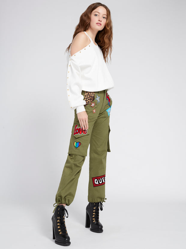 ALICE + OLIVIA - Michael Crewneck Pullover with Cut Shoulder Soft White/Gold