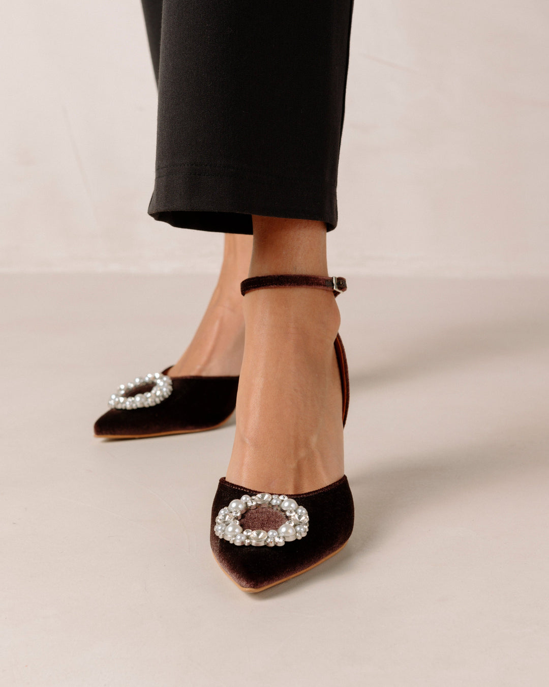 Alohas - Cinderella Crystal Embellished High-Heel Pumps in Velvet Coffee Brown Shoes
