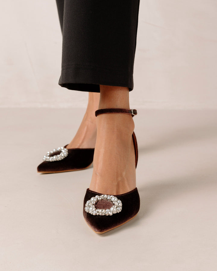 Alohas - Cinderella Crystal Embellished High-Heel Pumps in Velvet Coffee Brown Shoes