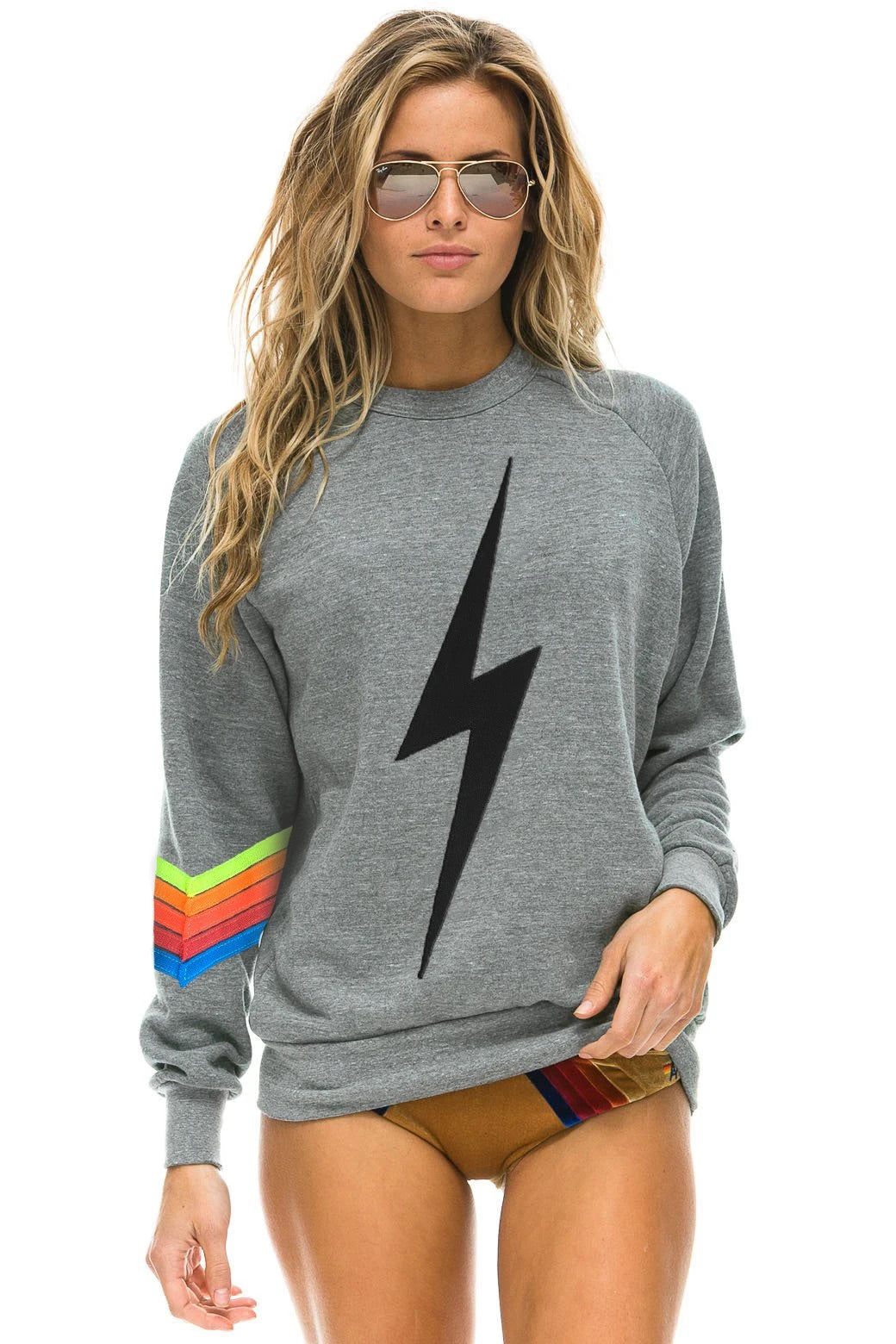 Aviator Nation - Bolt Stitch Chevron 5 Crew Sweatshirt in Heather/Neon Rainbow Clothing - Sweatshirts
