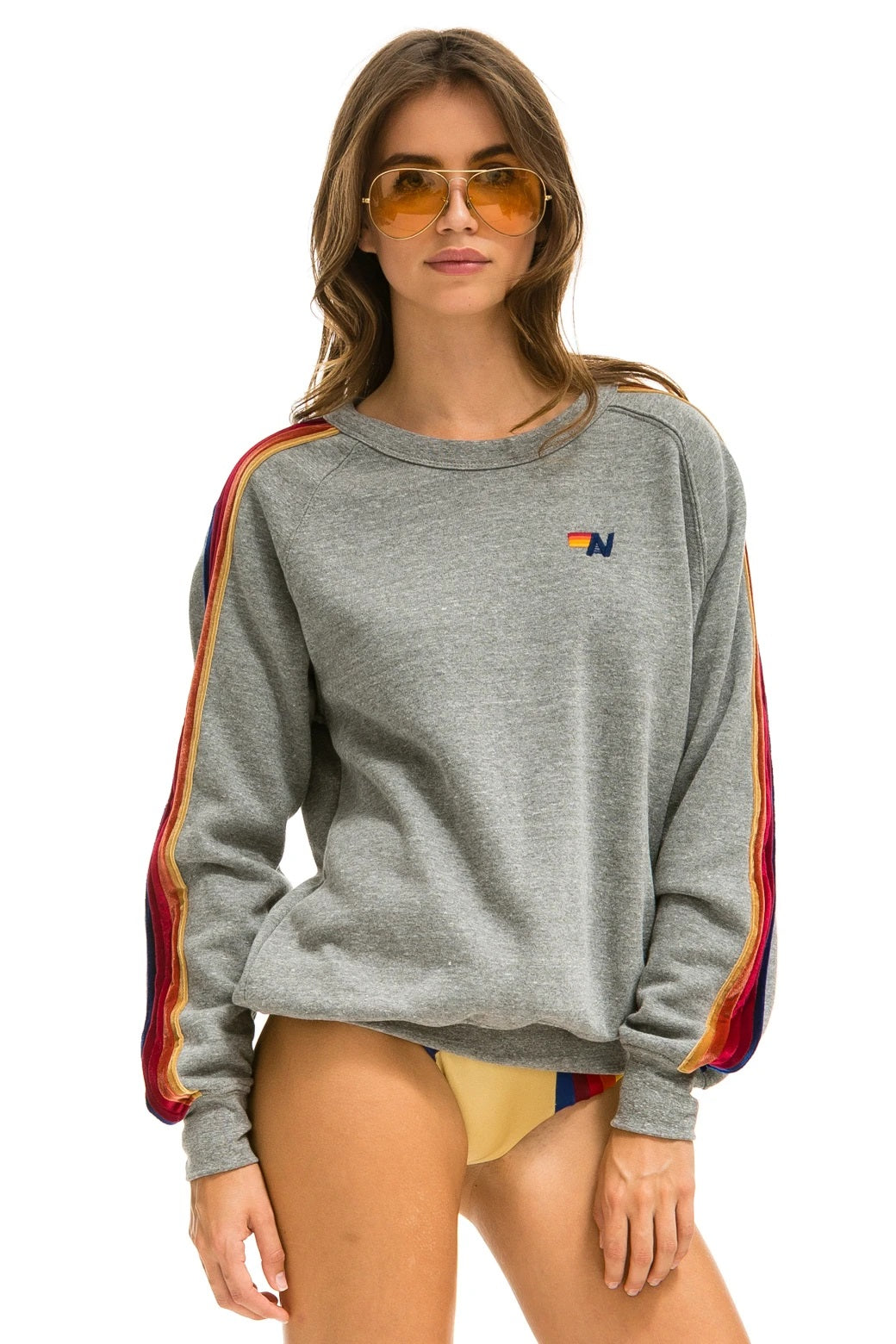 Aviator Nation - Classic w/ Velvet Stripes Crew Sweatshirt in Heather Grey Clothing - Sweatshirts