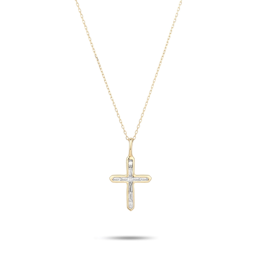 Adina - Baguette Cross Necklace in Y14k