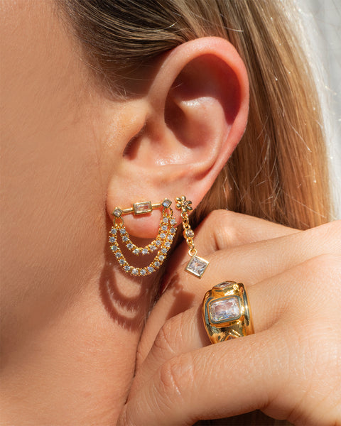 LUV AJ - Baguette Hanging Chain Studs in Gold