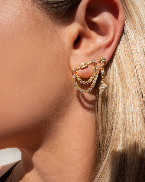 LUV AJ - Baguette Hanging Chain Studs in Gold