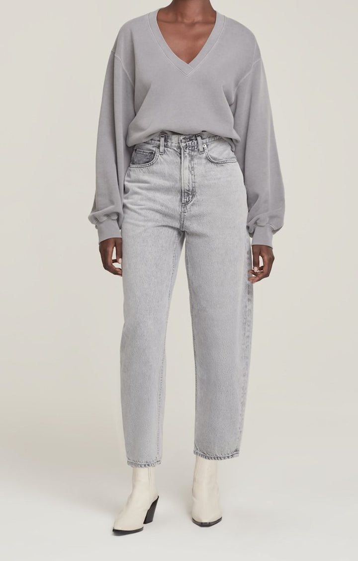 AGoldE - V-Neck Balloon Sleeve Sweatshirt in Zinc