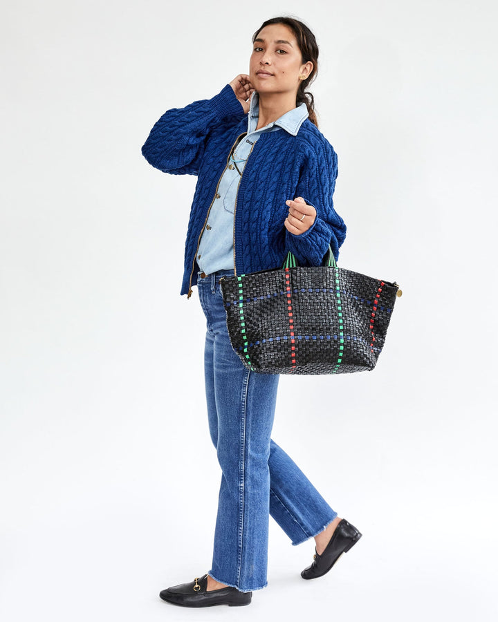 Clare V. - Bateau Tote in Black w/ Pacific, Cherry Red & Parrot Green Plaid Woven Checker