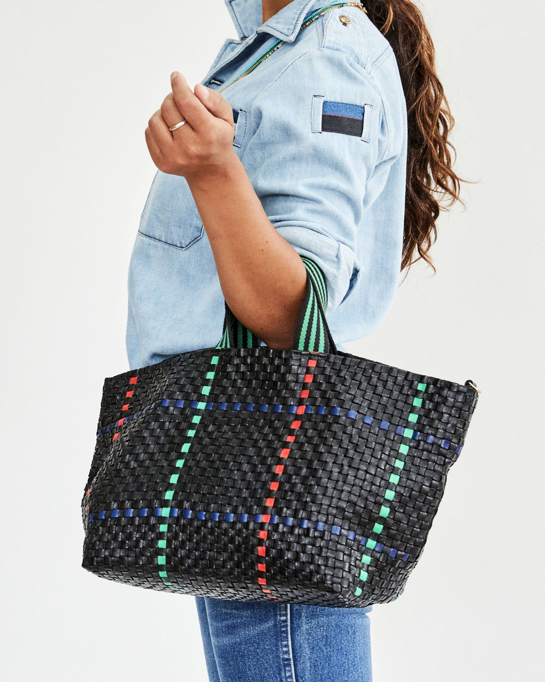 Clare V. - Bateau Tote in Black w/ Pacific, Cherry Red & Parrot Green Plaid Woven Checker