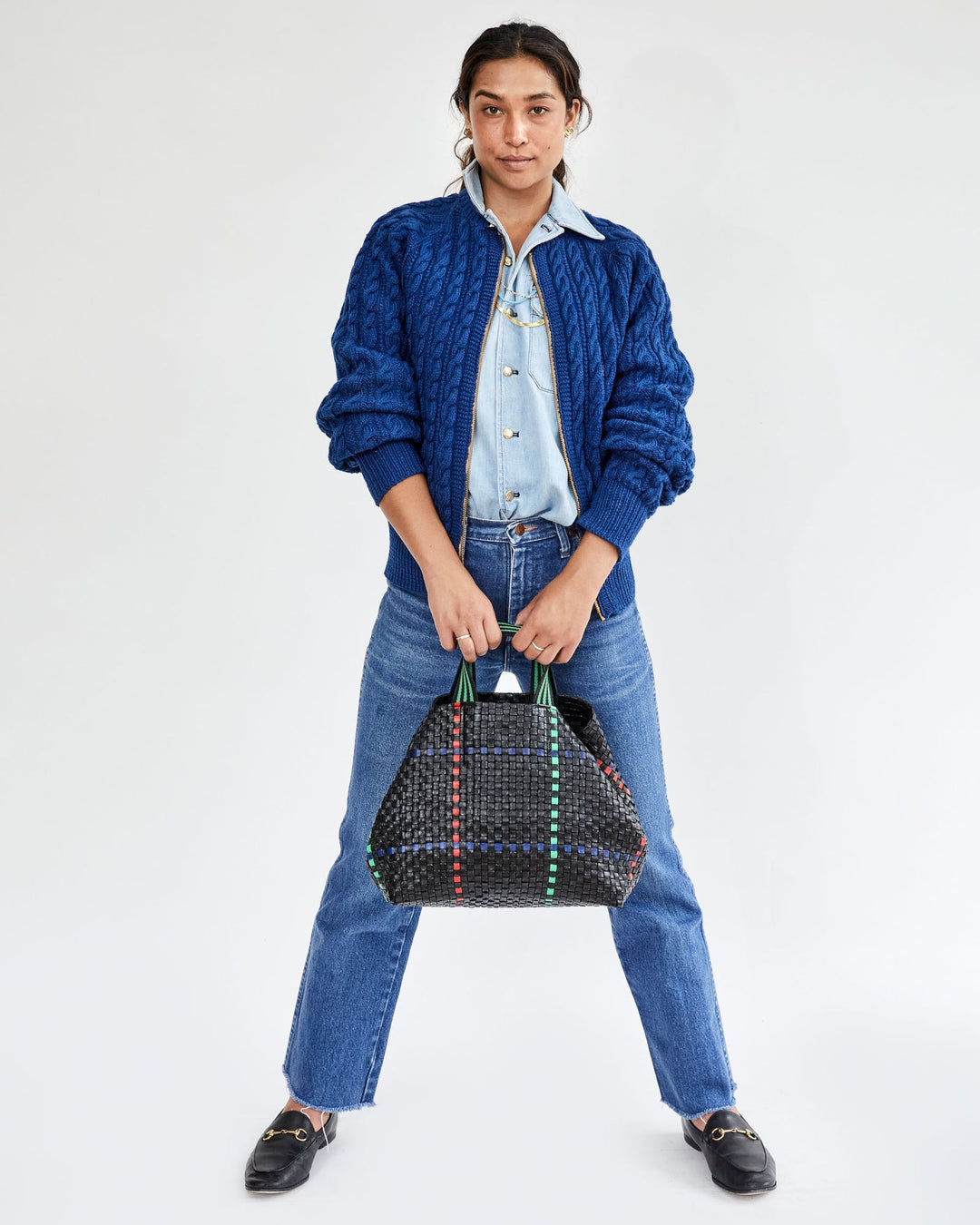 Clare V. - Bateau Tote in Black w/ Pacific, Cherry Red & Parrot Green Plaid Woven Checker