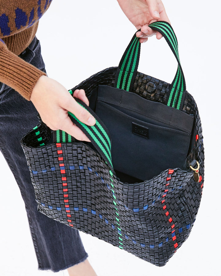Clare V. - Bateau Tote in Black w/ Pacific, Cherry Red & Parrot Green Plaid Woven Checker