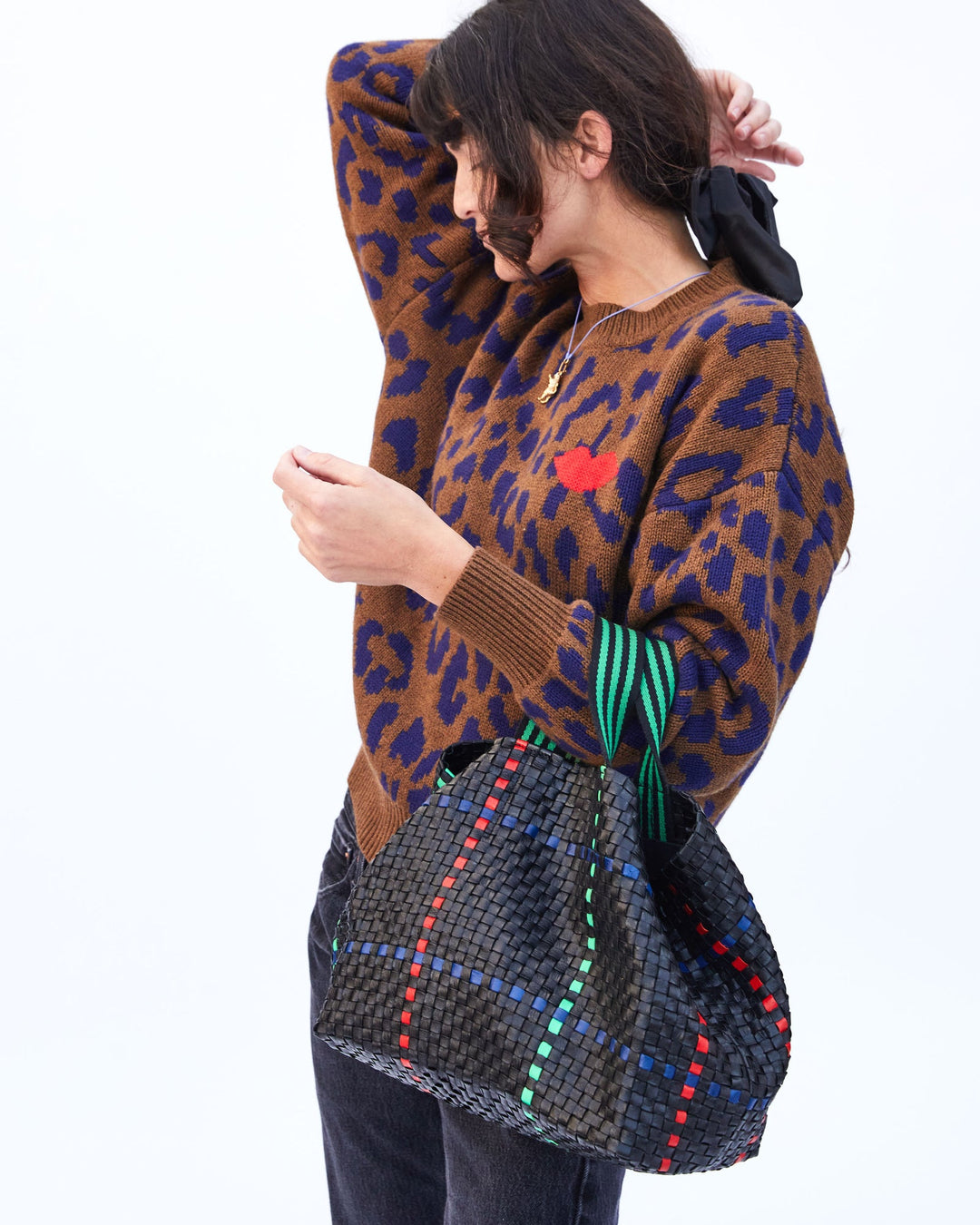 Clare V. - Bateau Tote in Black w/ Pacific, Cherry Red & Parrot Green Plaid Woven Checker