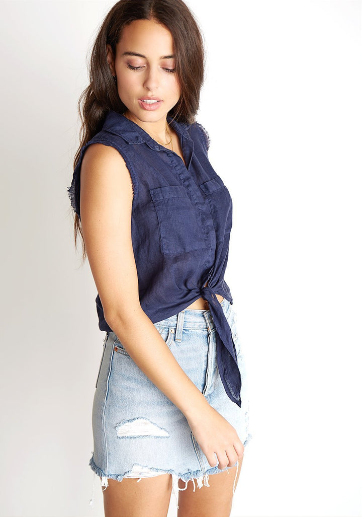 BELLA DAHL - Sleeveless Frayed Tie Up Button Down in Navy Night