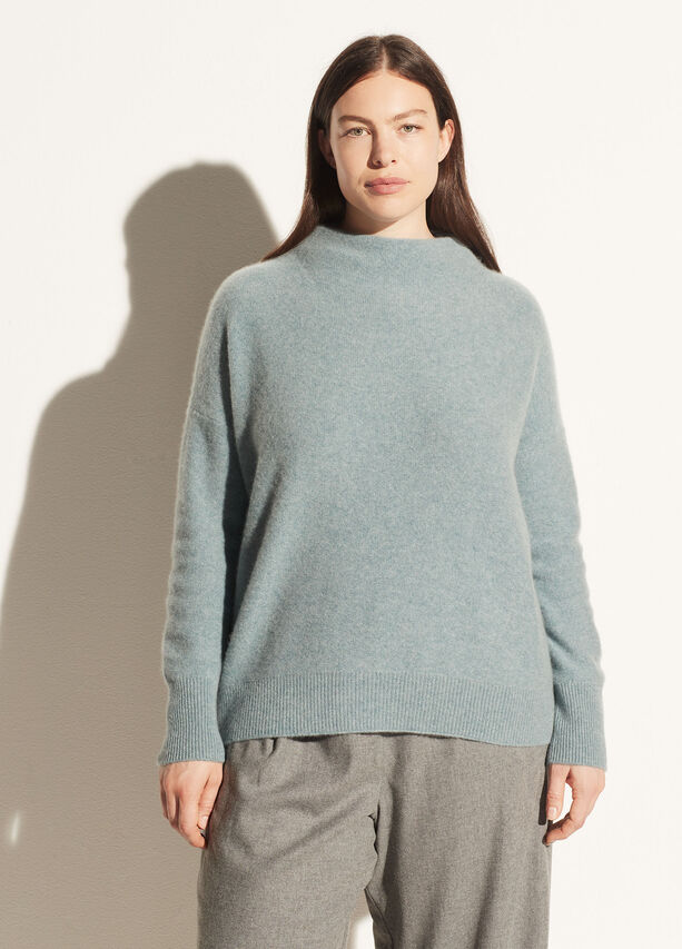 Vince - Boiled Funnel Neck Pullover in Heather Ocean