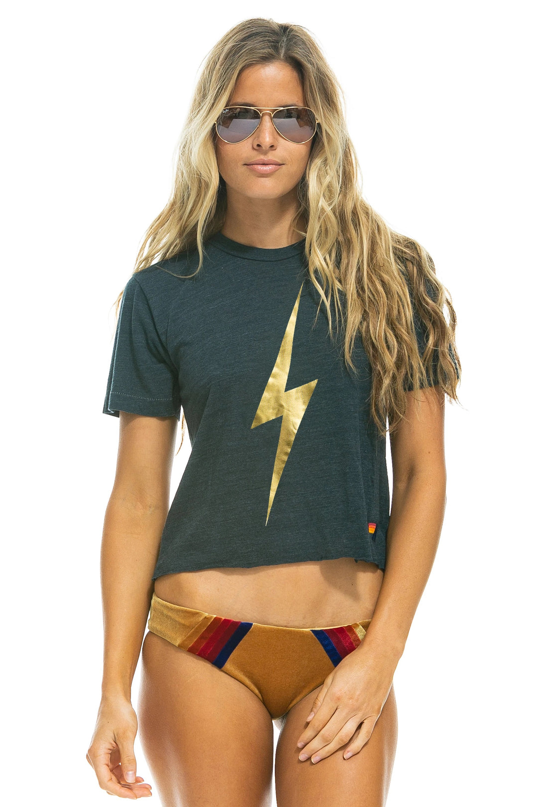 Aviator Nation - Bolt Metallic Boyfriend Tee in Charcoal/Metallic Gold