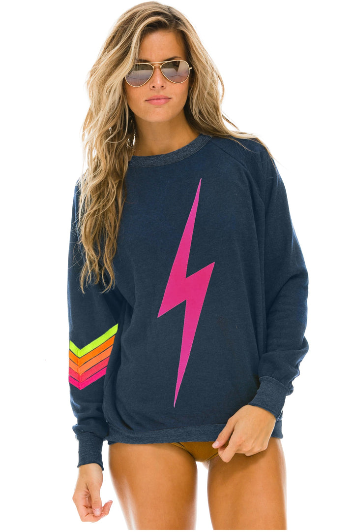 Aviator Nation - Bolt Stitch Chevron 5 Crew Sweatshirt in Heather Navy/Neon