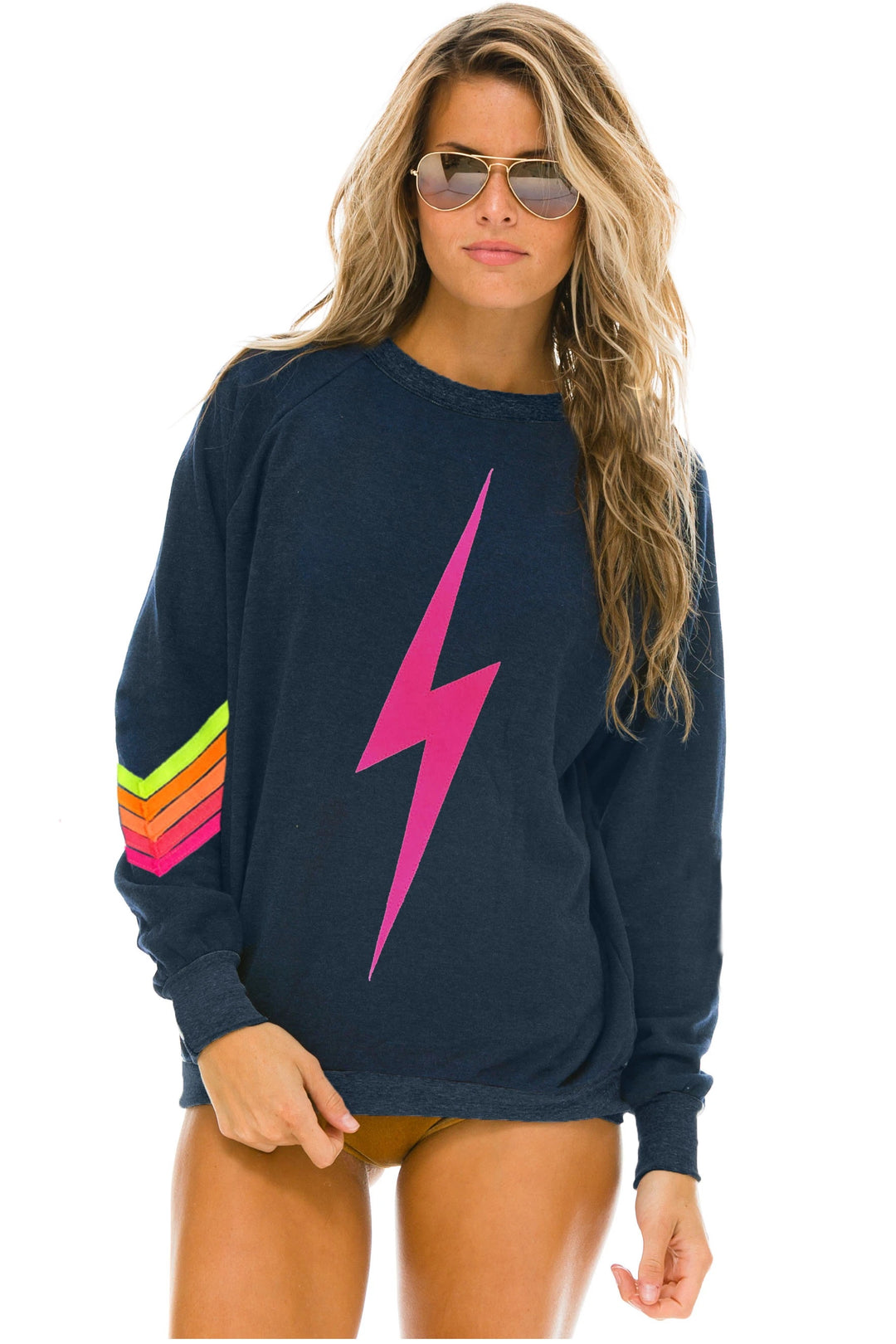 Aviator Nation Bolt Stitch Chevron Crew Sweatshirt in Heather Navy/Neon