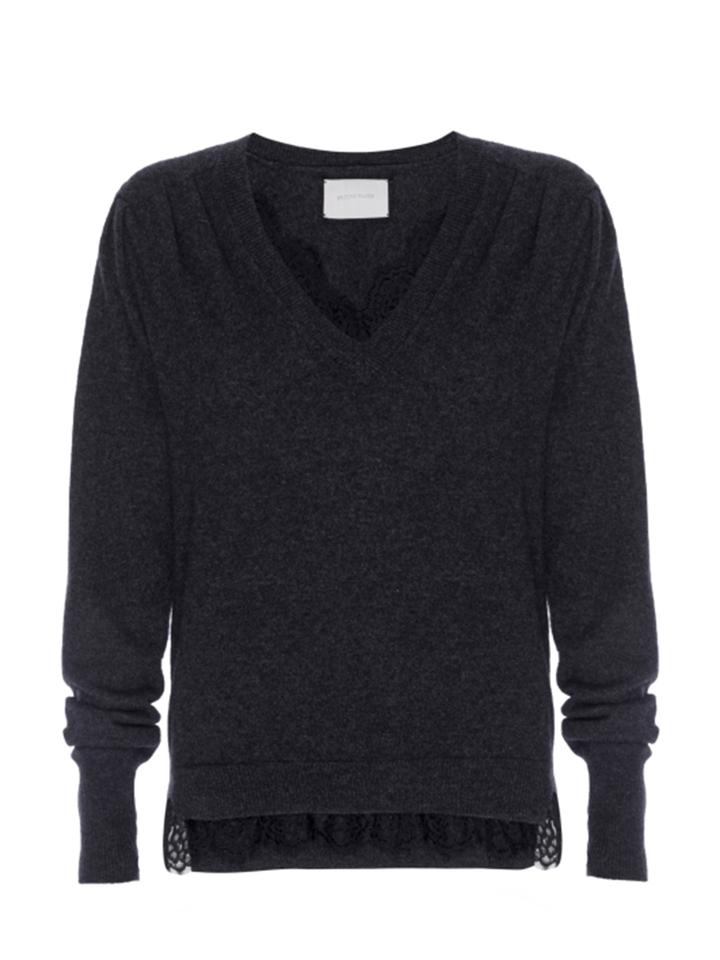 Brochu Walker - Marcella Lace Vee Looker in Dark Charcoal Melange w/ Black Lace Sweaters