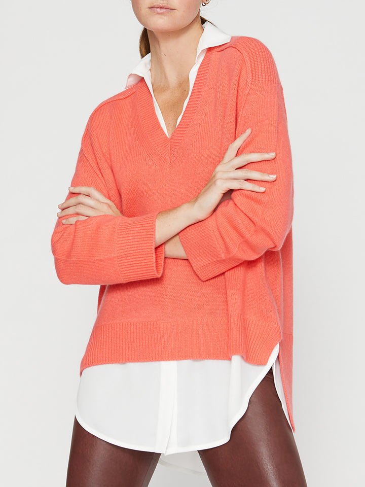 Brochu Walker - V-Neck Layered Pullover in Geranium w/ White Clothing - Sweaters