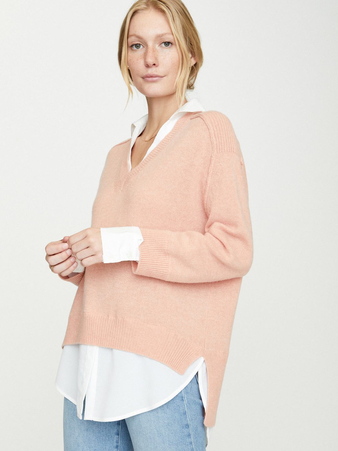 Brochu Walker - V-Neck Layered Pullover in Petra Coral w/ White