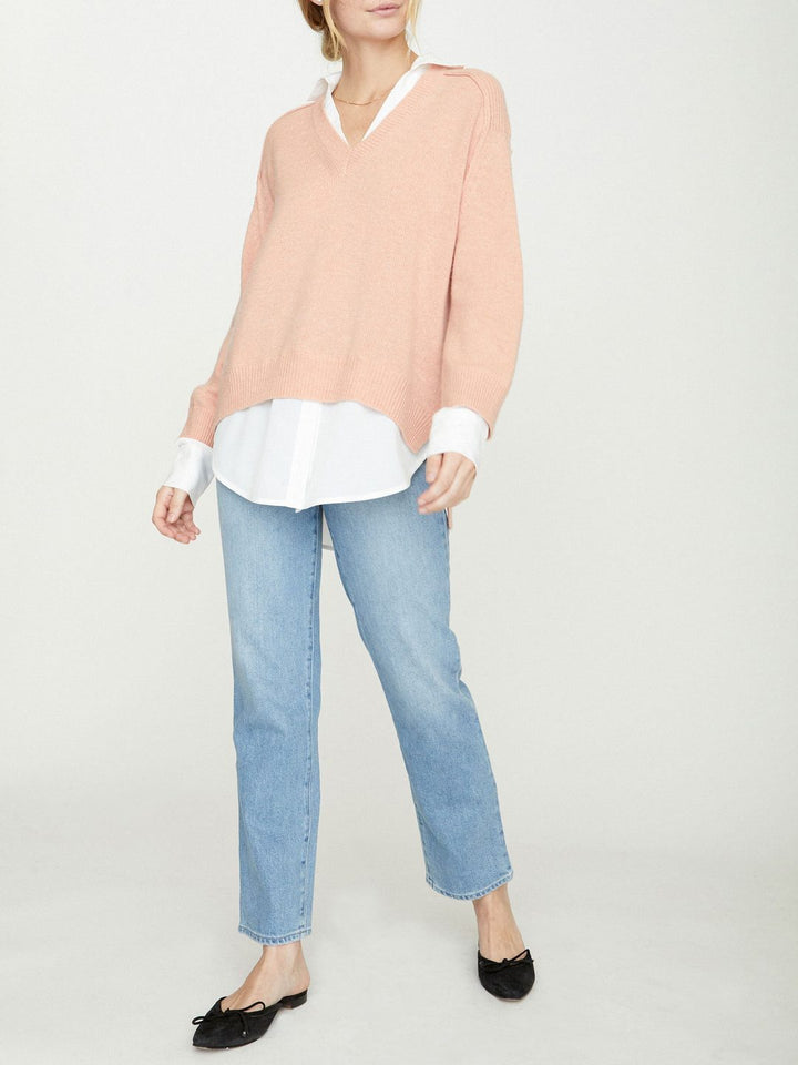 Brochu Walker - V-Neck Layered Pullover in Petra Coral w/ White