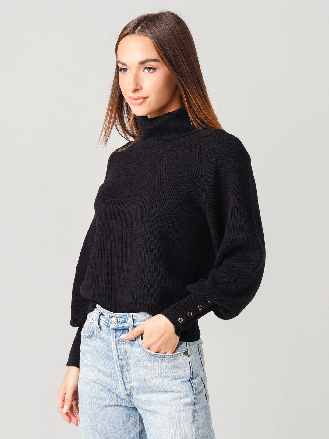 White + Warren - Button Cuff Turtleneck in Black