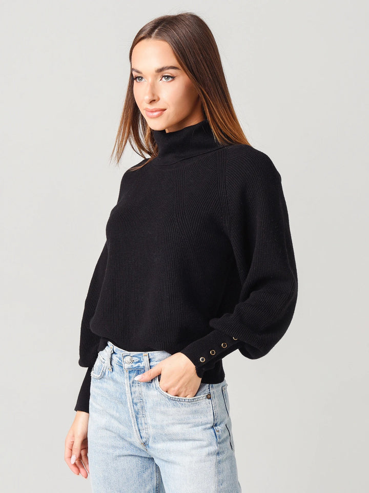 White + Warren - Button Cuff Turtleneck in Black