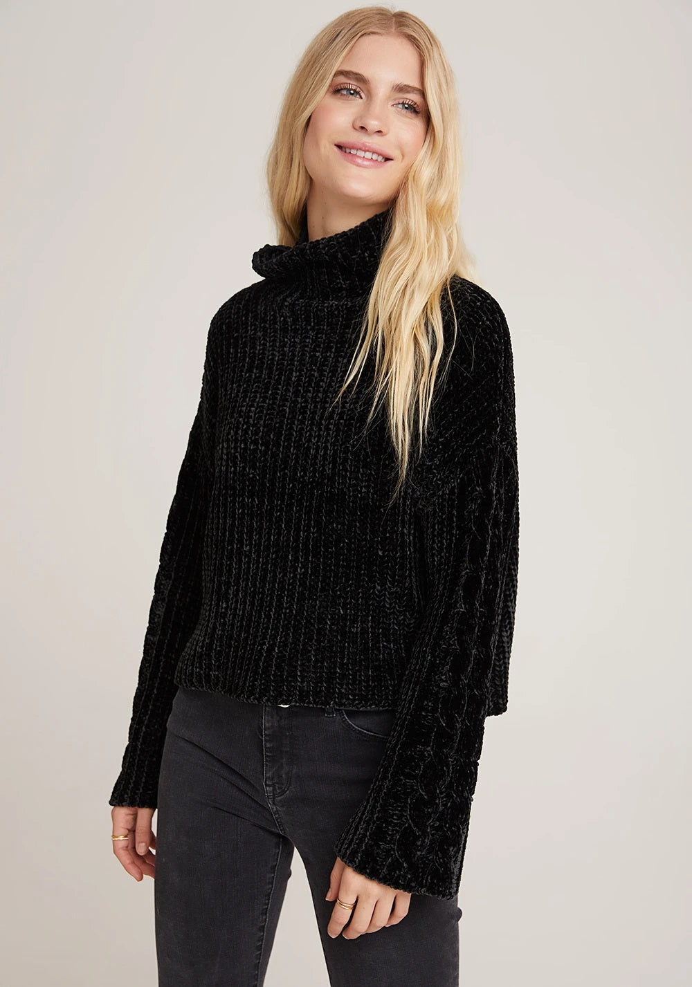 Bella Dahl - Cable Sleeve Turtle Neck Sweater in Black Clothing - Sweaters