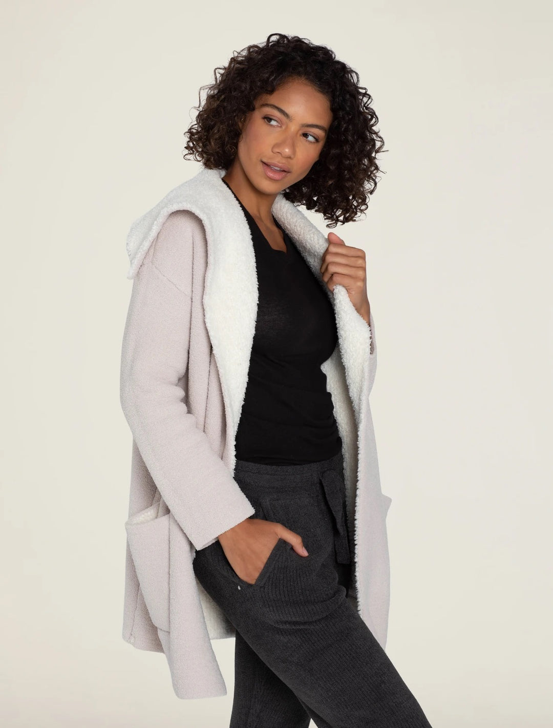Barefoot Dreams - CozyChic Shearling Drape Car Coat in Stone Cream