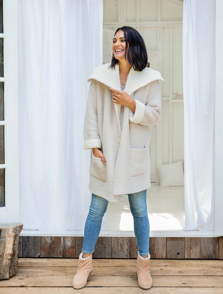 Barefoot Dreams - CozyChic Shearling Drape Car Coat in Stone Cream