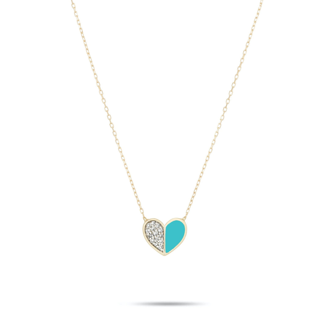 Adina - Turquoise Ceramic Pave Folded Heart Necklace in Y14