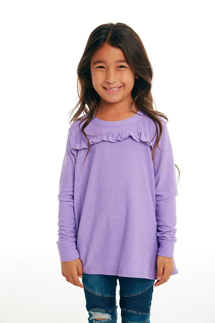 CHASER KIDS - Girls Cozy Knit Long Sleeve Ruffle Yoke Pullover in Popsicle Default