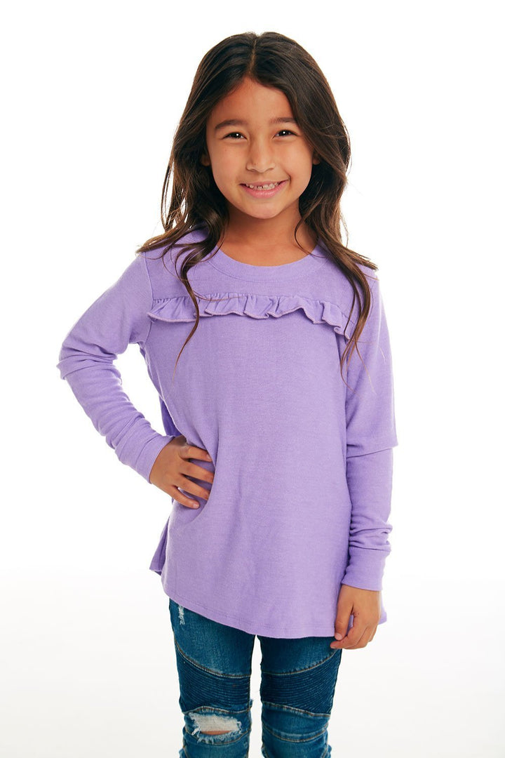 CHASER KIDS - Girls Cozy Knit Long Sleeve Ruffle Yoke Pullover in Popsicle Default