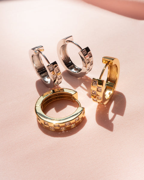 LUV AJ - Checkerboard Pave Hoops in Gold Jewelry