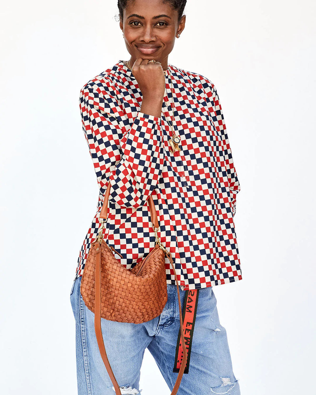 Clare V. - Petit Moyen Messenger in Natural Woven Checker Accessories