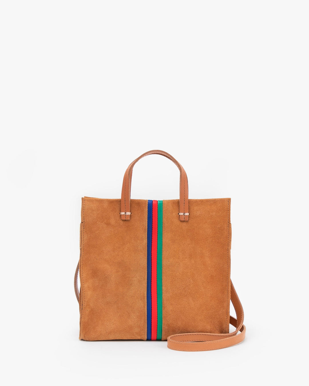 Clare V. - Petit Simple Tote in Camel Suede w/ Pacific, Cherry Red & Emerald Italian Nappa Mini Stripes Accessories