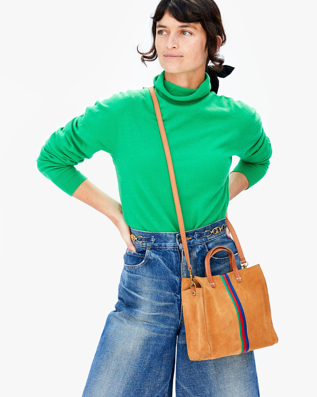 Clare V. - Petit Simple Tote in Camel Suede w/ Pacific, Cherry Red & Emerald Italian Nappa Mini Stripes Accessories