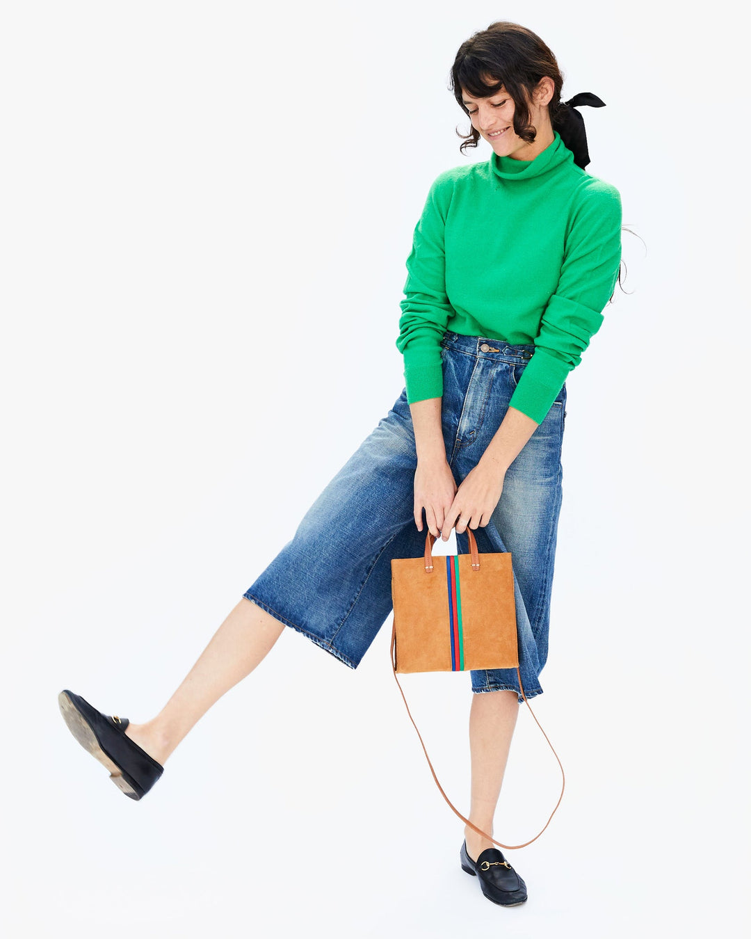 Clare V. - Petit Simple Tote in Camel Suede w/ Pacific, Cherry Red & Emerald Italian Nappa Mini Stripes Accessories