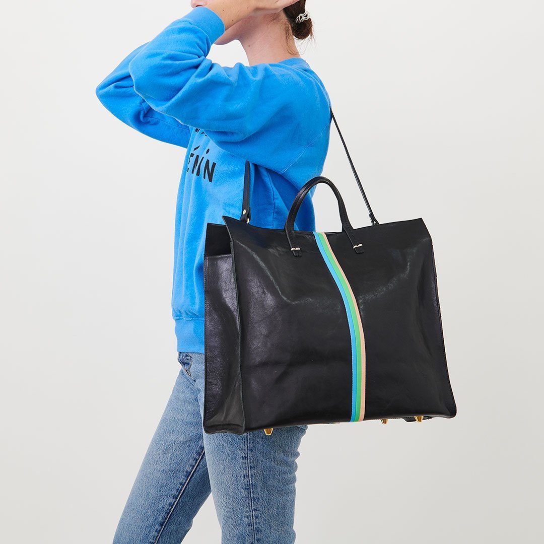 Clare V. - Simple Tote in Black Rustic w/ Pale Pink, Parrot Green & Ce